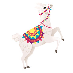 Cute llama wearing decorative saddle with patterns cartoon animal design flat vector illustration isolated on white background side view