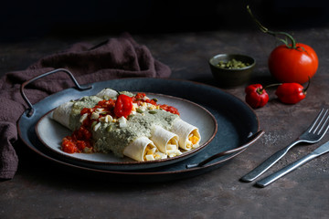 Papadzules traditional dish from the Yucatán Peninsula -  corn tortillas dipped in a sauce of pumpkin seeds filled with boiled eggs, garnished with a cooked tomato-pepper sauce