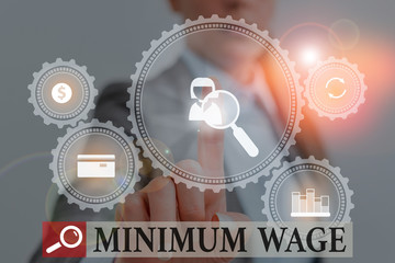 Fototapeta na wymiar Handwriting text writing Minimum Wage. Conceptual photo the lowest wage permitted by law or by a special agreement Woman wear formal work suit presenting presentation using smart device