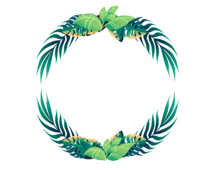 Fototapeta na wymiar Tropical leaves in circle floral design frame concept flat vector illustration on white background