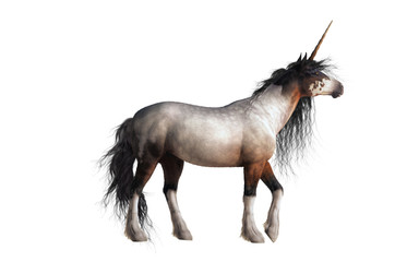A roan coated unicorn stands in profile on a white background. Typically all white, this fantasy horse has a brown mixed in as well. 3D Rendering