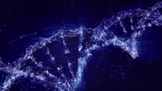 Journey through a networked space to a DNA strand with plexus. Futuristic medical or genetic concept.