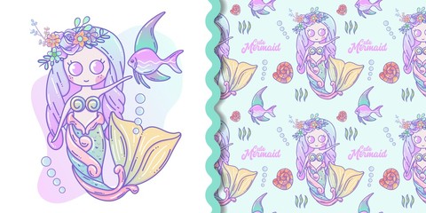 Cute little mermaid and marine life cartoon with pattern set