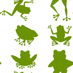 Green silhouette seamless pattern of cute smiling green frog sitting on ground cartoon animal design flat vector illustration on white background