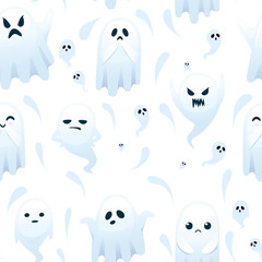 Seamless pattern of cute scary little ghost with different emotes on face cartoon character design flat vector illustration on white background