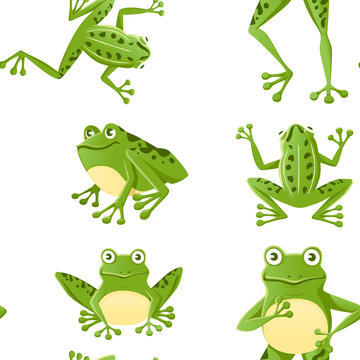 Seamless pattern of cute smiling green frog sitting on ground cartoon animal design flat vector illustration on white background