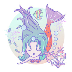 Cute little mermaid and marine life cartoon