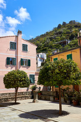 Fototapeta na wymiar Old traditional Italian house with wooden windows and balconies in Riomaggiore, Cinque Terre, Liguria, Italy