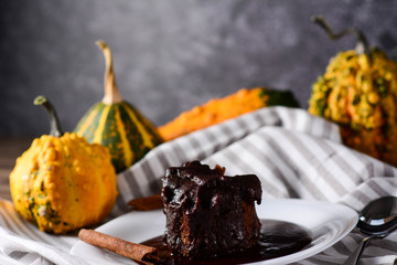 Small pumpkins in the background autumn scene indoor.Delicious chocolate cake on plate on table.Tasty chocolate cake. Piece of chocolate cake with warm fudge sauce, vertical