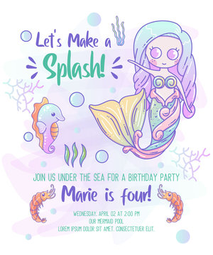 Kids birthday party invitation card with cute little mermaid and marine life cartoon