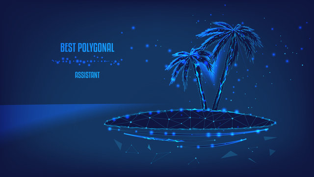 Silhouettes of two palm trees on an islet from polygons and points. Dream concept or Concept of vacation, trip, travel or tourism. Background of beautiful dark blue night sky. Low poly.