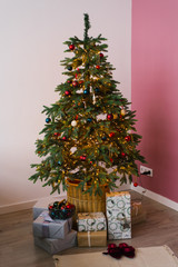 Decorated for Christmas and New year tree with gifts under it in the living room in pink