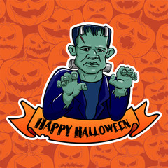Fototapeta na wymiar frankenstein vector illustration. Frankenstein zombie halloween costume character with the inscription happy Halloween sticker