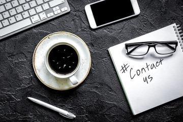 e-mail contact us concept with internet icons and mobile work desk background top view mockup
