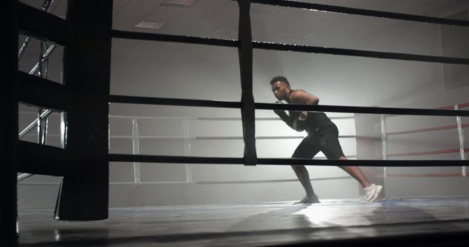 African american sportsman exercising on a boxing ring, doing a shadow fight, preparing for tournament - sports, fitness concept 4k footage