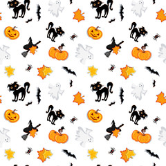 Cartoon Halloween set. Characters collection isolated on white background: witch, ghost, pumpkins, bats, spider, cat, moonlight and drawn lettering. Vector, EPS 10
