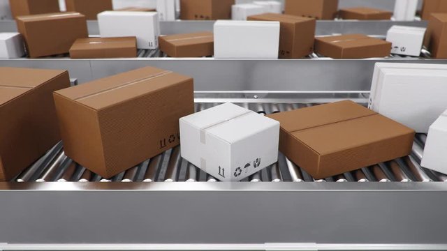 Packages delivery, packaging service and parcels transportation system concept, cardboard boxes on a conveyor belt in a warehouse. Three conveyor belts. Loop-able seamless 4K 3D animation
