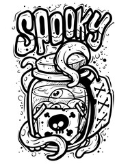 Fototapeta premium Graphic black and white hand drawn glass jar with lid, paper label, skull, human eyes and octopus tentacles. Spooky halloween text. Isolated on white background. Vector icon.