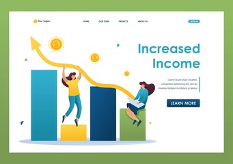 Young girls create a profitable business and increase revenues, profit growth, income analysis. Flat 2D character. Landing page concepts and web design
