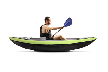 Guy with a safety vest kayaking