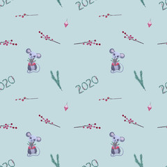 Cute gouache rat seamless pattern on white background. Mouse symbol 2020 new year