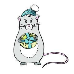 Grey Rat with cheese present. Hand-drawn vector illustration of cute mouse in knitted hat with present in paw. Design for Merry Christmas and Happy New Year. Isolated on white background. Scandinavian
