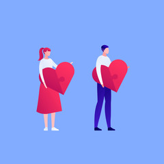 Vector flat family love people illustration. Male and female holding big jigsaw puzzle hearts isolated on blue background. Design element for banner, poster, valentine, greeting card, invitation.