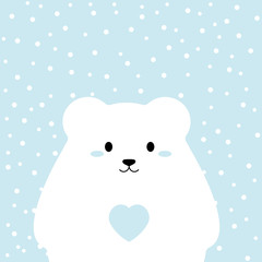 Cute polar bear with heart on blue background. Kawaii. Vector
