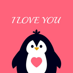 Cute penguin with heart on pink background. I love you. Vector
