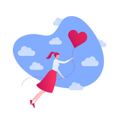 Vector flat romantic love people illustration. Yound girl flying on red heart balloon on sky background. Concept of first love, following dream. Design element for banner, poster, valentine, card.