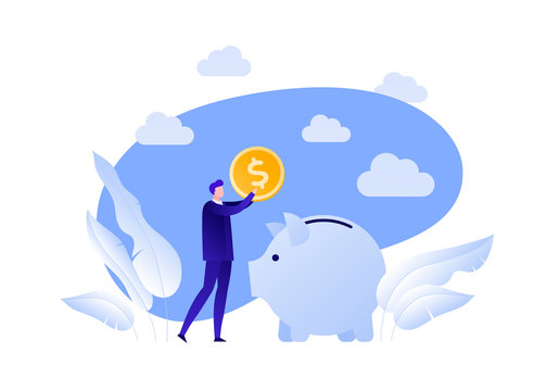 Vector Flat Piggybank Money Save Illustration. Businessman Holding Coin And Pig On Blue Sky Background. Concept Of Banking, Income Deposite, Pension. Design Element For Banner, Poster, Infographics.