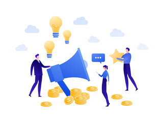 Vector flat business idea people illustration. Team of businessman with star, light bulb and loudspeaker. Concept of marketing, advertisment, startup. Design element for banner, poster, infographic