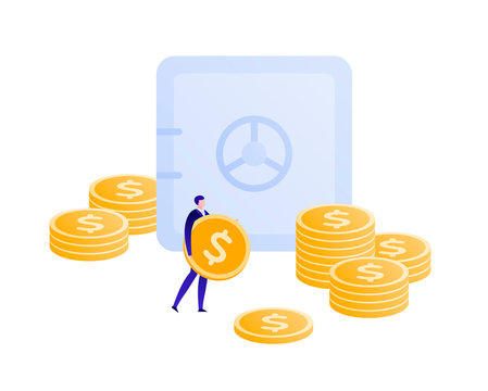 Vector flat bank safe business illustration. Male holding coind and money stacks isolated on white. Concept of invest, banking, deposite, pension. Design element for banner, poster, infographic