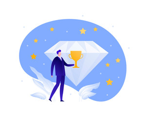 Vector flat business trophy people illustration. Businessman holding trophy on diamond and star sky background. Concept of winning, awards, prize. Design element for banner, poster, infographics.