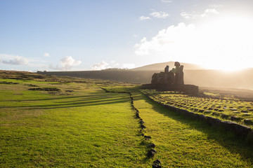 Easter island landscape. Ahu Tongariki. Panoramic view Papa nui