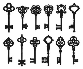 Vintage isolated black key silhouettes