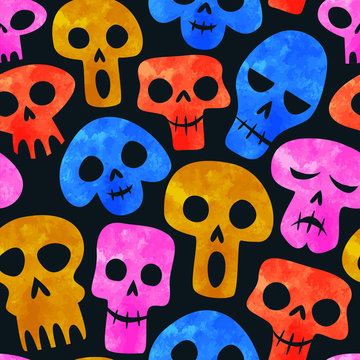 Funny watercolor skeleton skull seamless pattern