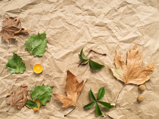 A leaf laid out on brown paper. Autumn. Concept. Candle. Space for text. Banner.