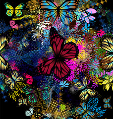 Flower abstraction with butterflies. Seamless floral abstract background. Vector illustration