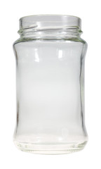Ein leeres Marmeladenglas vor weißem Hintergrund.