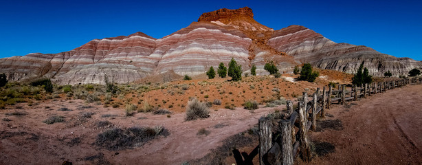 Wide Panorama of Beautiful Striped Geologic Sedimentary Layers on a Mountain in the Painted Desert,...