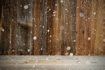 Brown Wooden Vintage Or Rustic Backround Or Texture With Snow. Copy Space For Your Free Text Here.