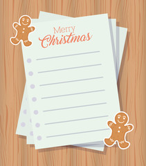 merry christmas card with letter sheets and ginger cookies