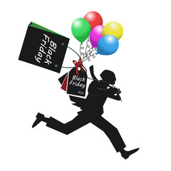 Obraz premium Black friday, sale, running man with bags and balloons. Buyer symbol or icon. Vector shopping illustration. Web banner, logo, emblem, bright signage.
