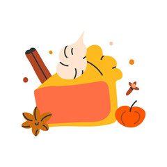 Simple hand drawn illustration of pumpkin pie with cream and spice, indoors seasonal autumn activity. Vector doodle icon in modern trendy flat style.