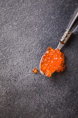 Salmon  Red Caviar in a white plate on a dark background. Healthy Food Concept. Snack.Copy space for Text.Seafood.