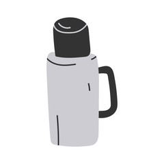 Simple hand drawn illustration of thermos with hot drink, seasonal outfit for cool weather. Vector doodle icon in modern trendy flat cartoon style.