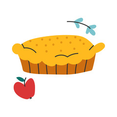 Vector hand drawn illustration of homemade apple pie, seasonal fall symbol. Doodle icon in modern trendy flat cartoon style.