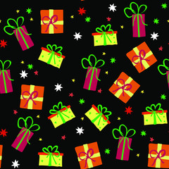 Christmas  hand drawn seamless vector pattern. Xmas sketch texture. Color decorated gift boxes, gift. Winter holiday scandinavian illustration. New Year textile, wrapping paper, background design