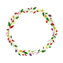 Floral wreath,round frame with abstract flowers and leaves. autumn hand-drawing, sketch style. Perfect for autumn and summer greeting cards, seasonal holidays, wedding invitations